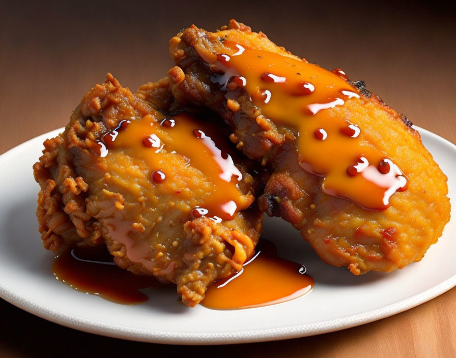 Crispy Fried Chicken with Honey Glaze on White Plate