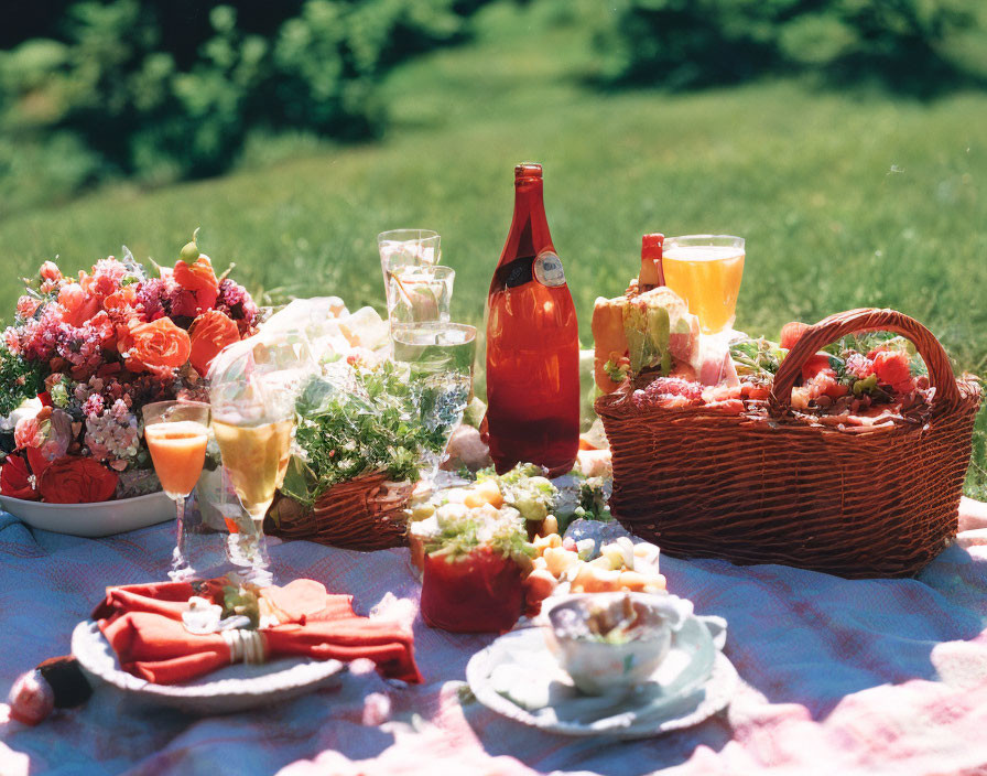 Colorful picnic spread with floral centerpiece, bread basket, orange drink, and food dishes on a blanket