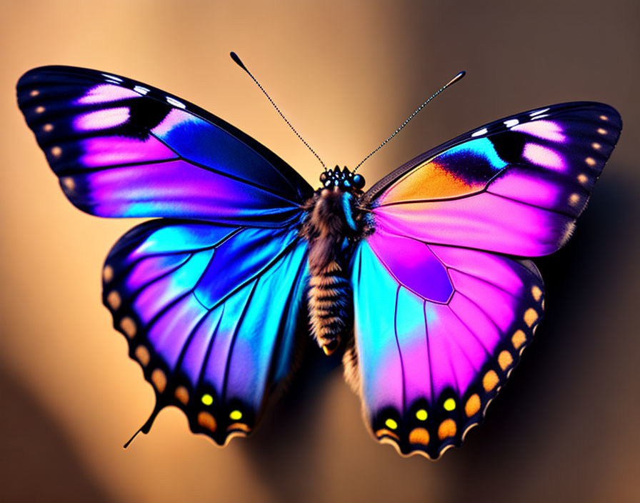 Colorful Blue and Purple Butterfly with Open Wings and Pink Spots on Blurred Background