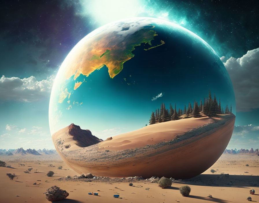 Surreal landscape with massive planet over desert and forest under starry sky