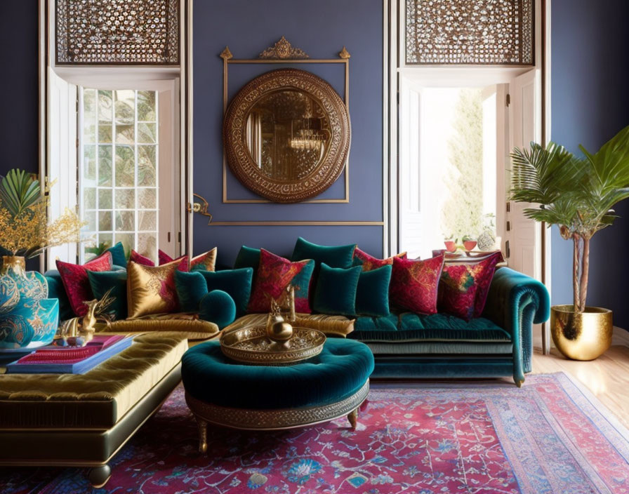 Luxurious Blue Room with Gold Mirror, Teal Sofas, and Pink Rug