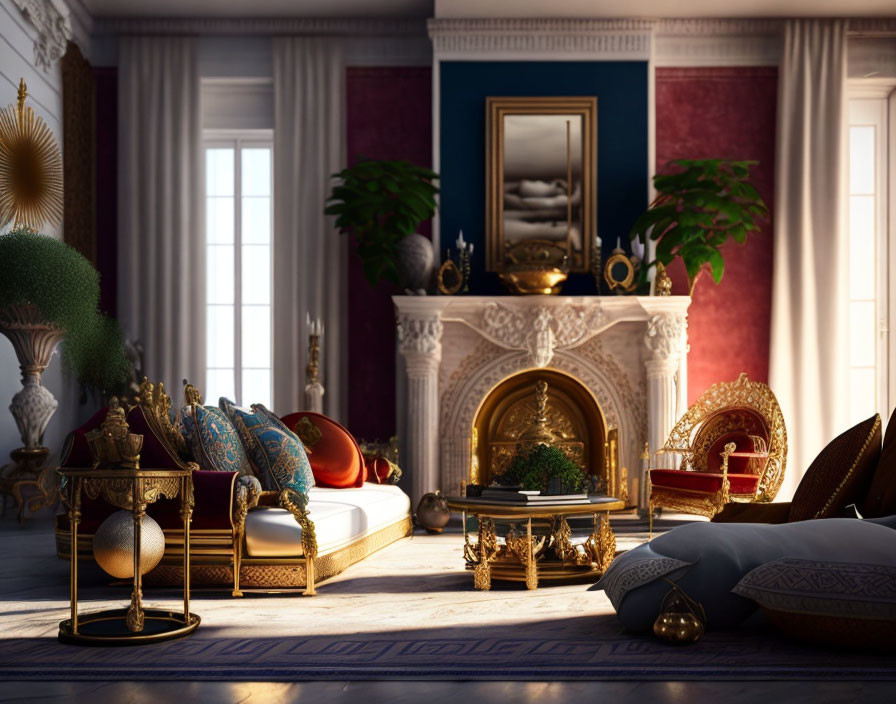 Elegant living room with classic fireplace and ornate furniture