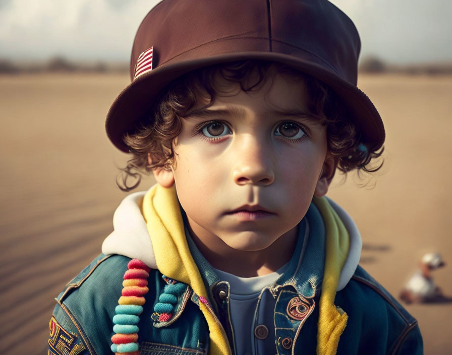 Serious young child with curly hair in colorful jacket outdoors