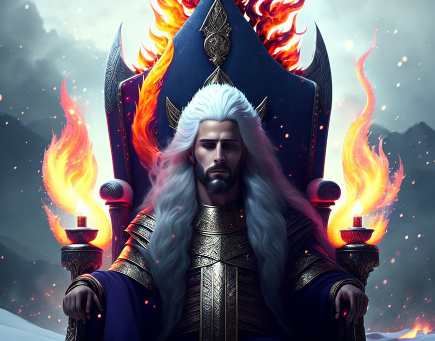 White-haired regal figure on ornate throne with torches, snowy mountain backdrop