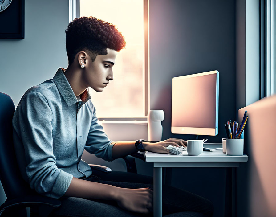 Person with Short Curly Hair Working at Desk with Sunlight Streaming In