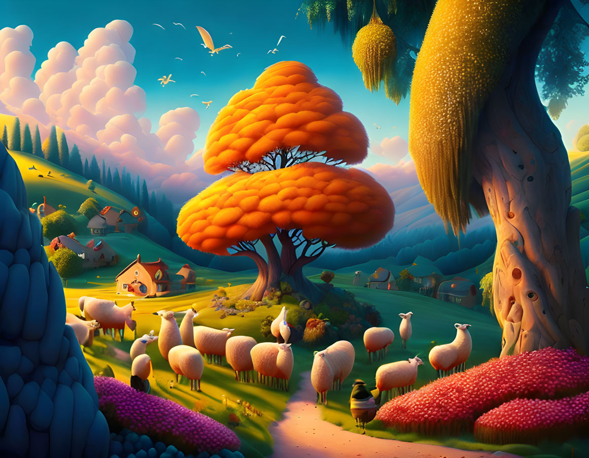 Colorful Whimsical Landscape with Fluffy Sheep and Cozy Houses