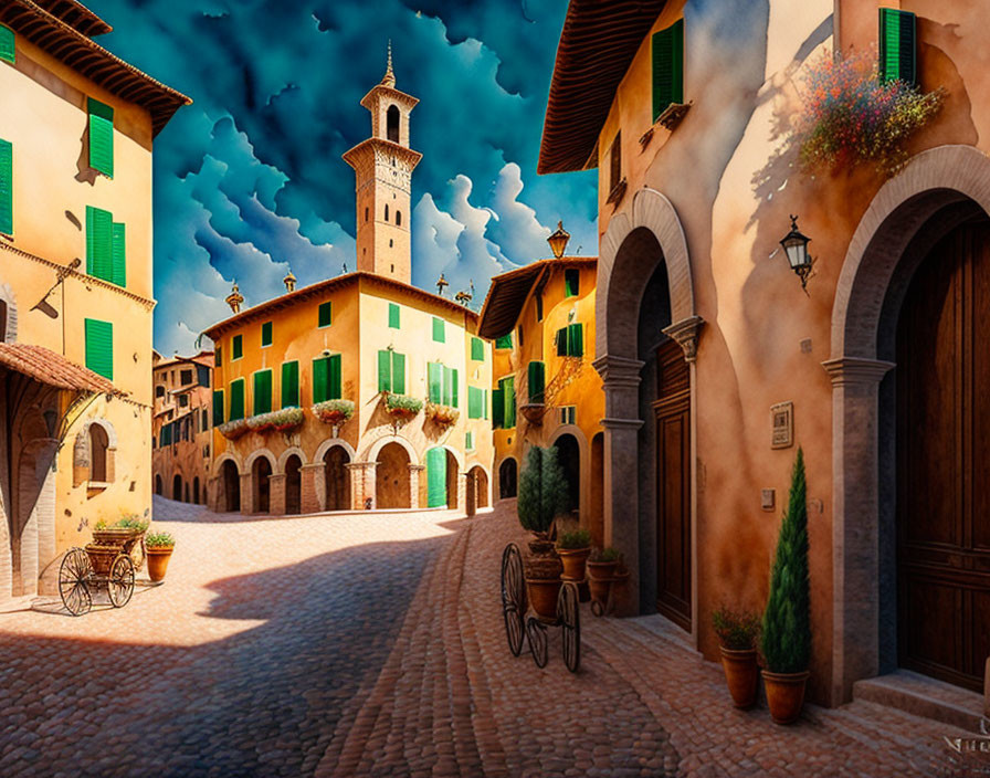 Colorful Cobblestone Street with Buildings, Bicycle, and Blue Sky