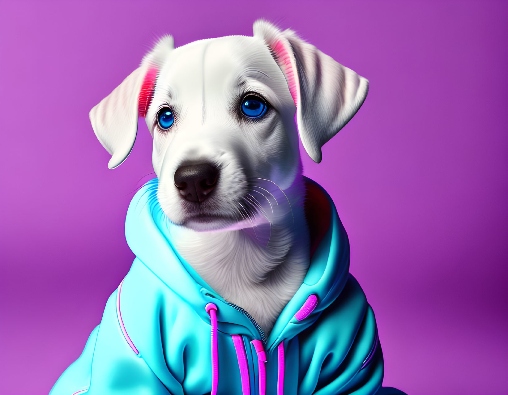 Adorable Puppy with Blue Eyes in Blue Hoodie on Purple Background