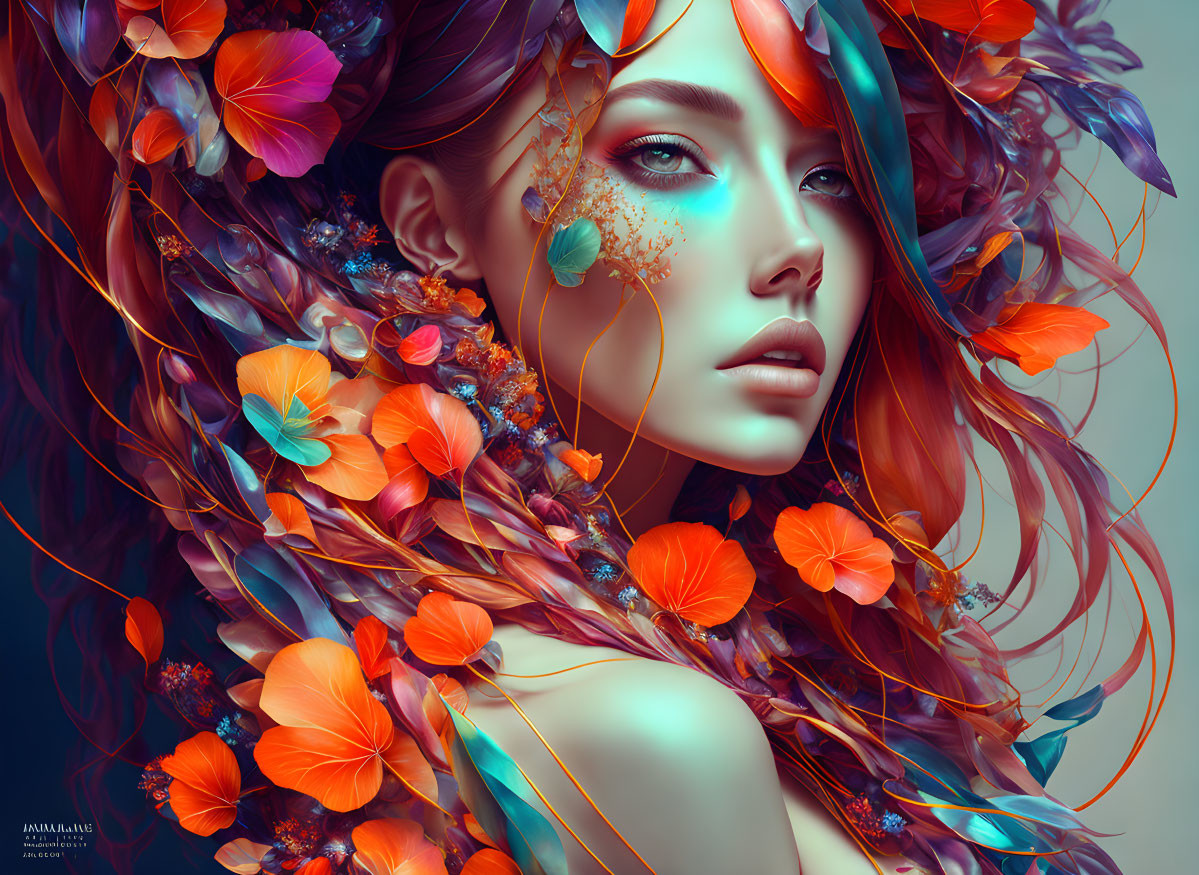 Fantasy portrait of woman with blue eyes and orange flowers in hair