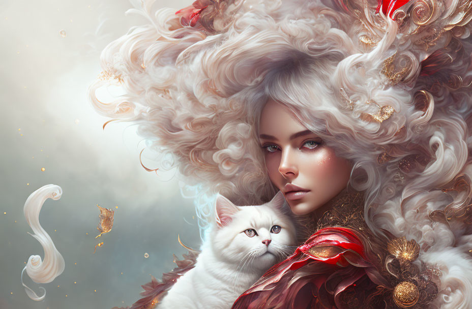 Woman with Curly Hair and Gold Accessories Poses with White Cat