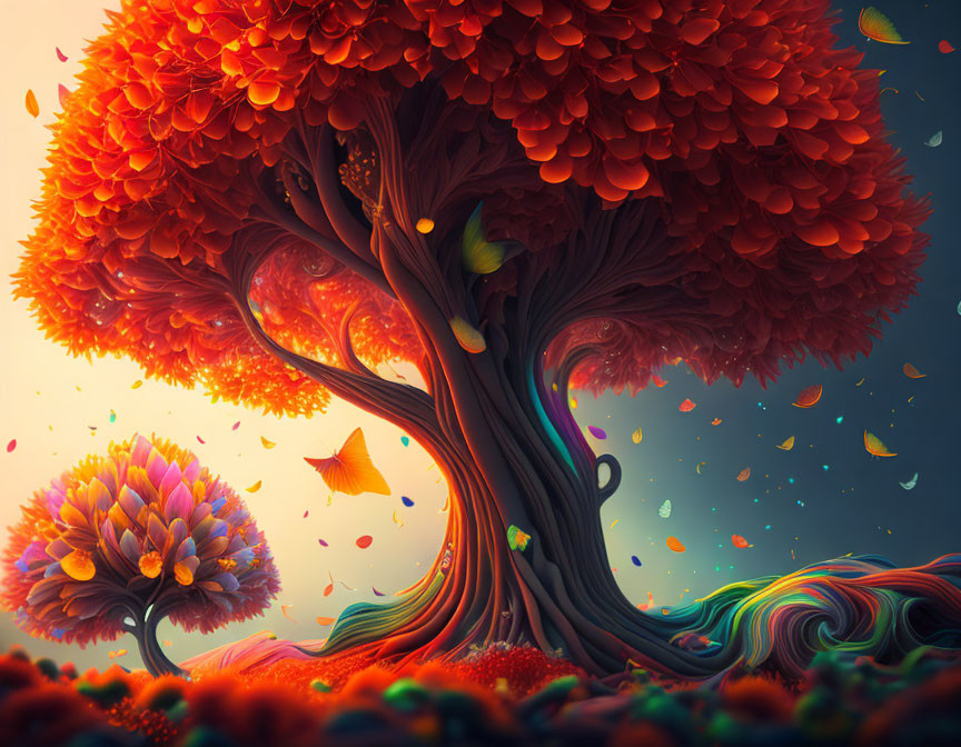 Vibrant fantasy illustration: swirling trees and floating leaves under orange sky