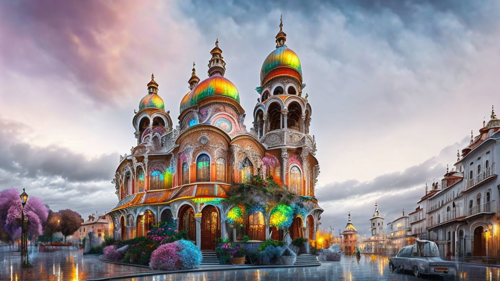 Ornate multi-domed building illuminated at dusk with dramatic sky and parked cars