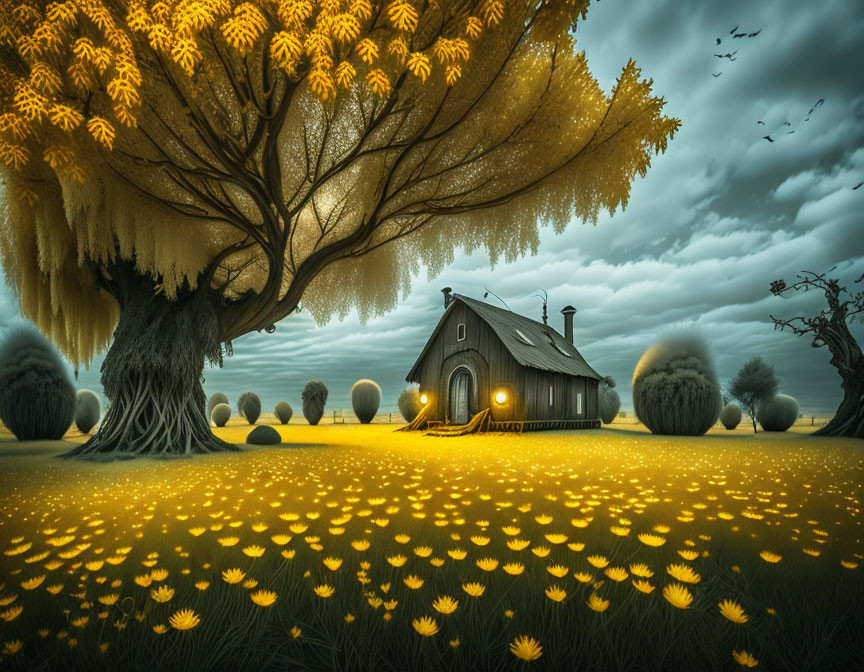 Fantastical dusk landscape with glowing cottage, yellow tree, dandelions, and birds.