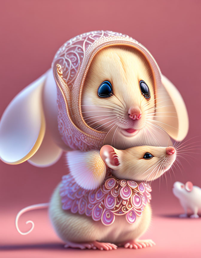 Detailed illustration of anthropomorphic mice in lace clothing on pink background