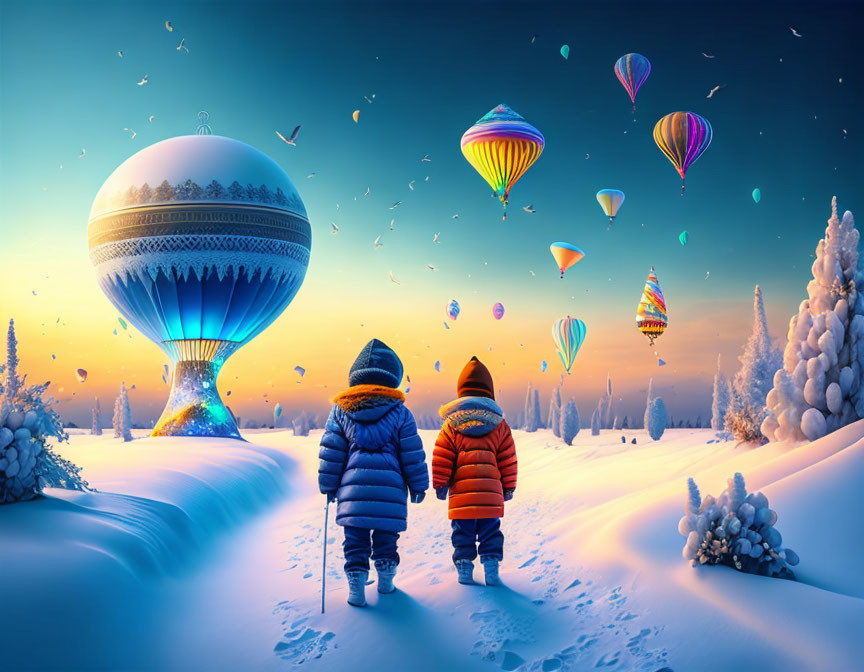 Children in winter coats watch hot air balloons in snowy sunset.