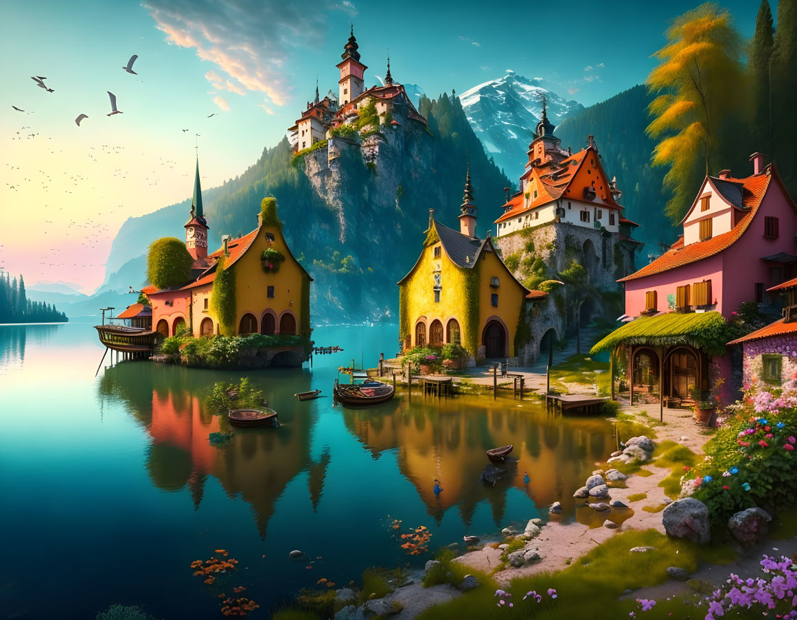 Scenic lakeside village with colorful buildings, castle, mountains, and sunrise