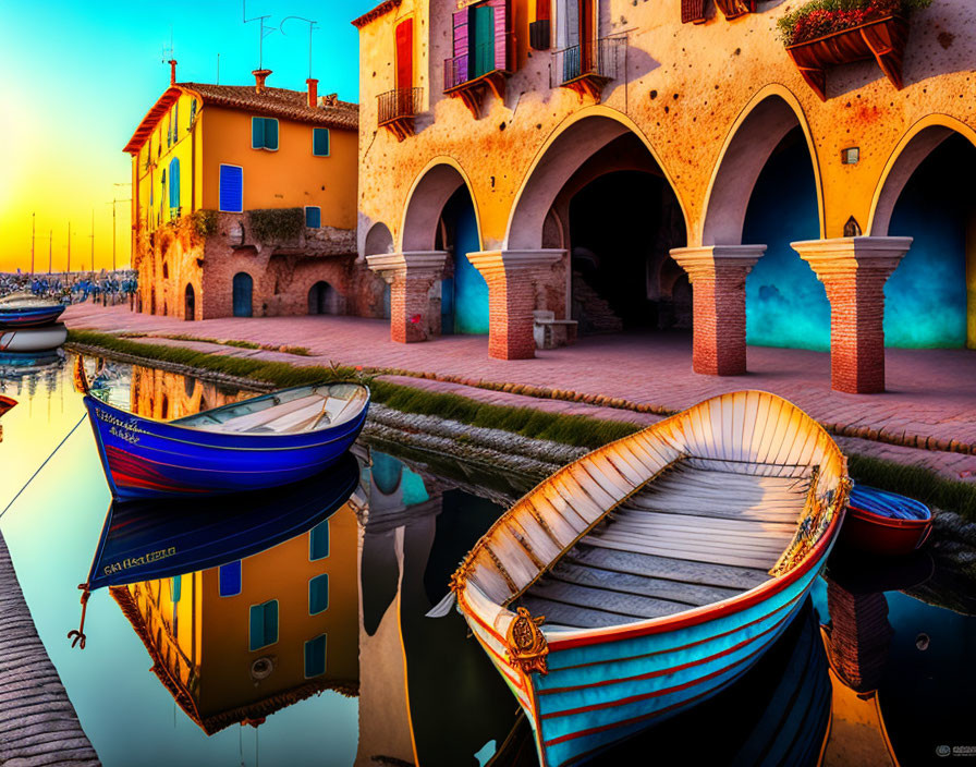 Scenic canal with moored boats and vibrant buildings at sunset