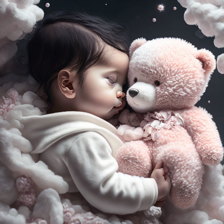 Infant cuddles pink teddy bear in peaceful setting