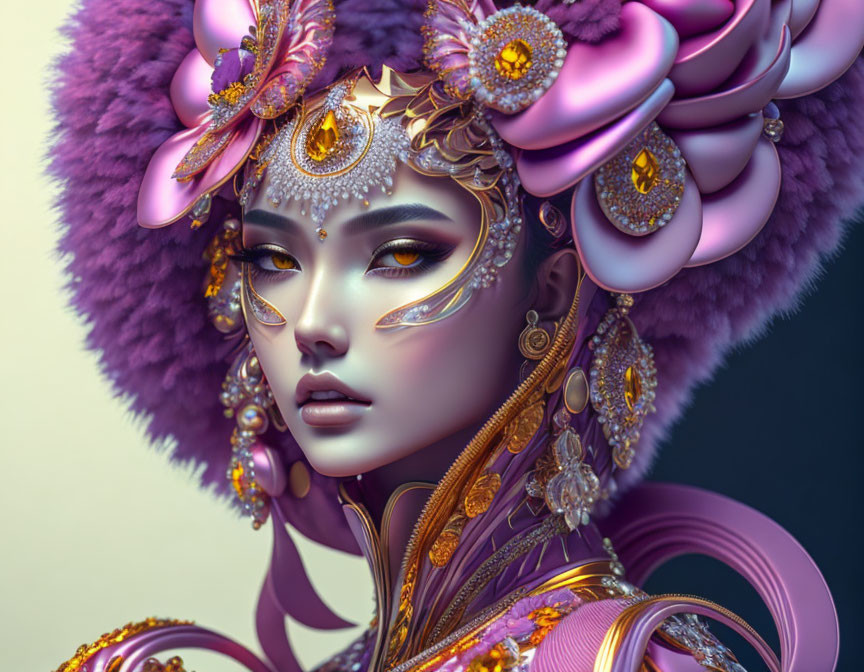 Elaborate Golden Jewelry and Regal Headdress Portrait