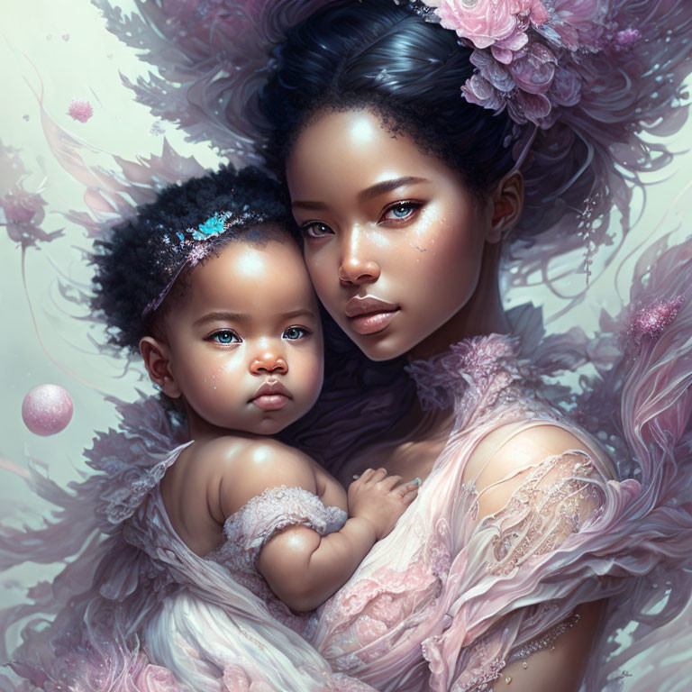 Portrait of Woman and Baby with Floral Adornments & Ethereal Atmosphere