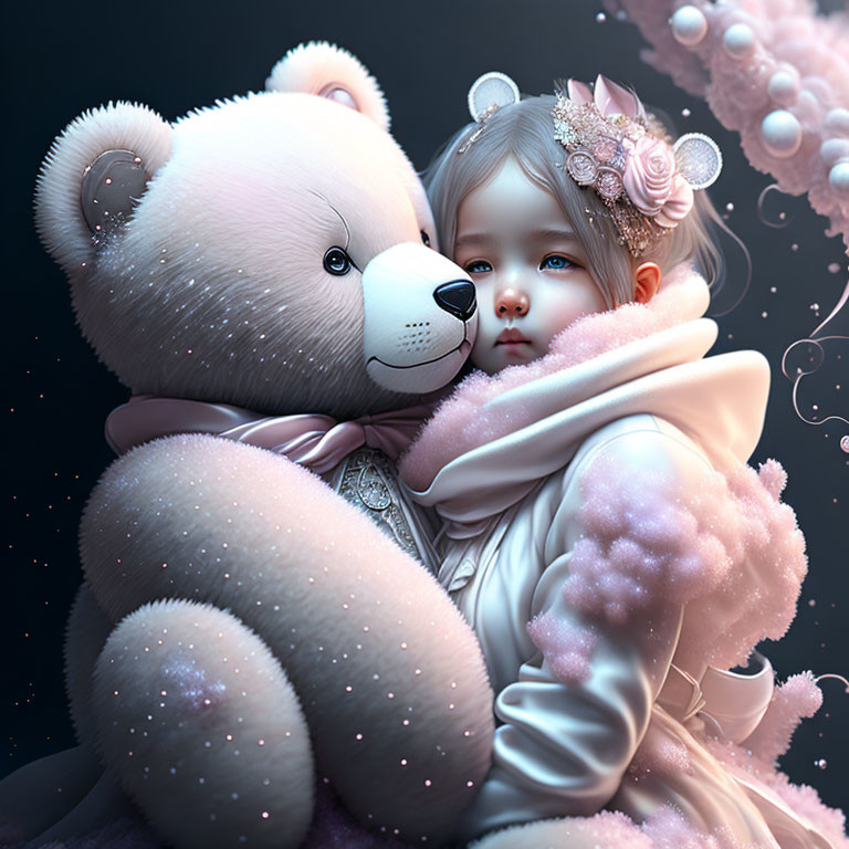 Young girl with floral headpiece hugging plush teddy bear in soft pink and blue setting