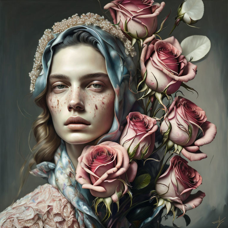 Digital painting of serene woman with pink roses and floral headpiece