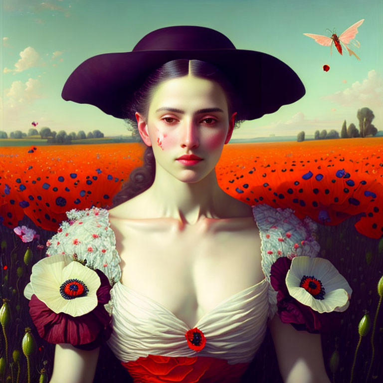 Woman in period costume with wide-brimmed hat in front of poppy field with surreal butterfly