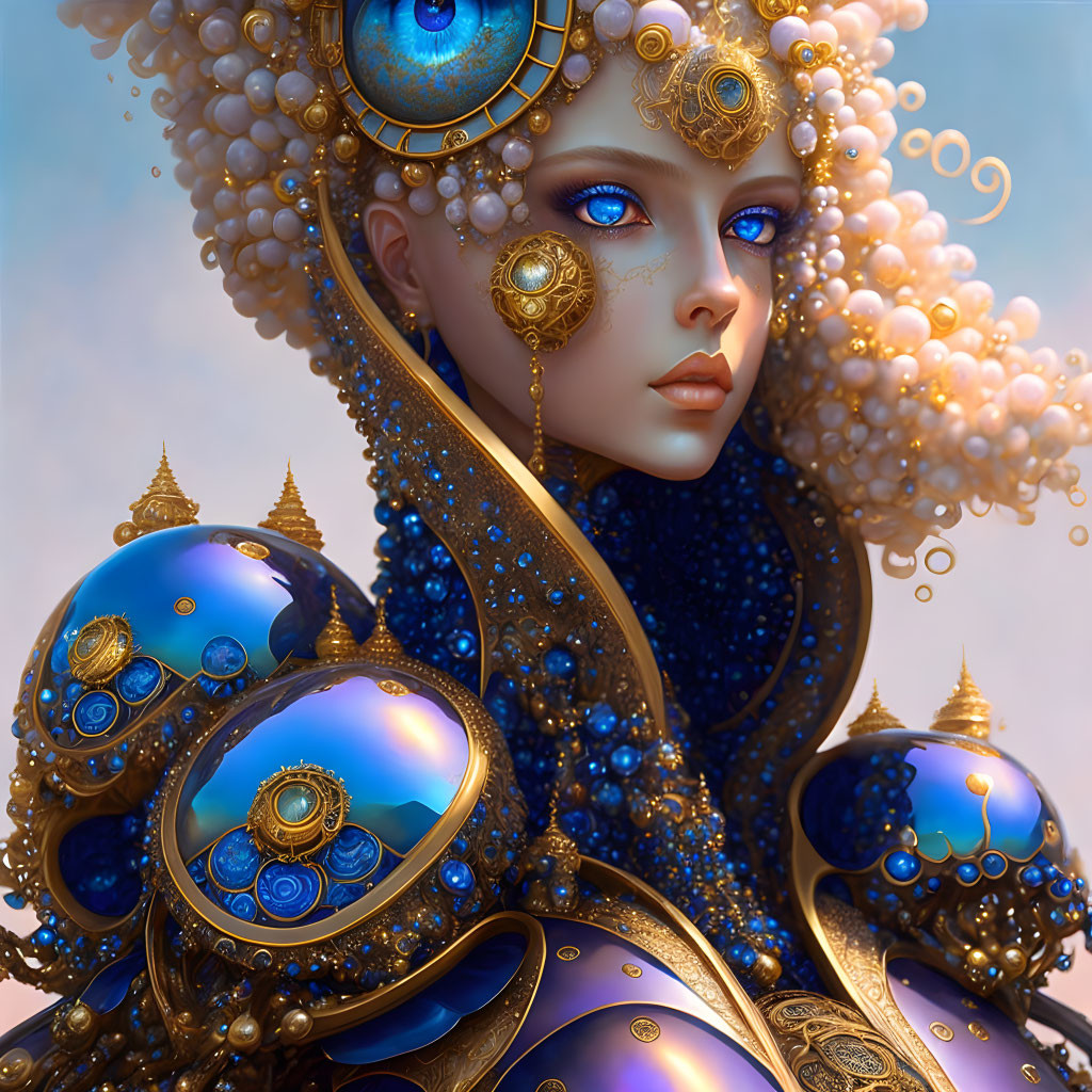 Fantasy digital artwork featuring female figure with gold and blue jewelry, headdress, and makeup on soft