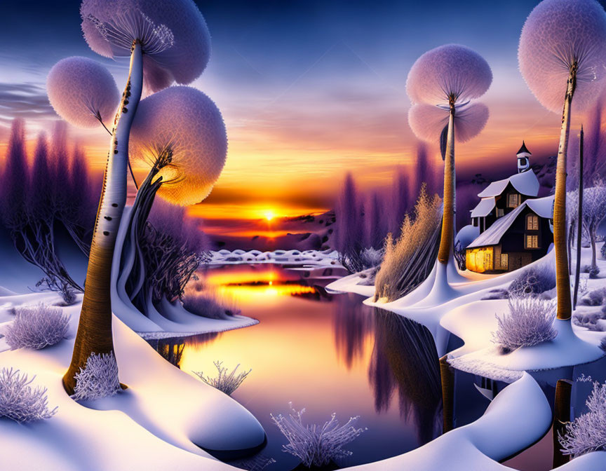 Winter Landscape with Cottage, Trees, and Sunset Reflection