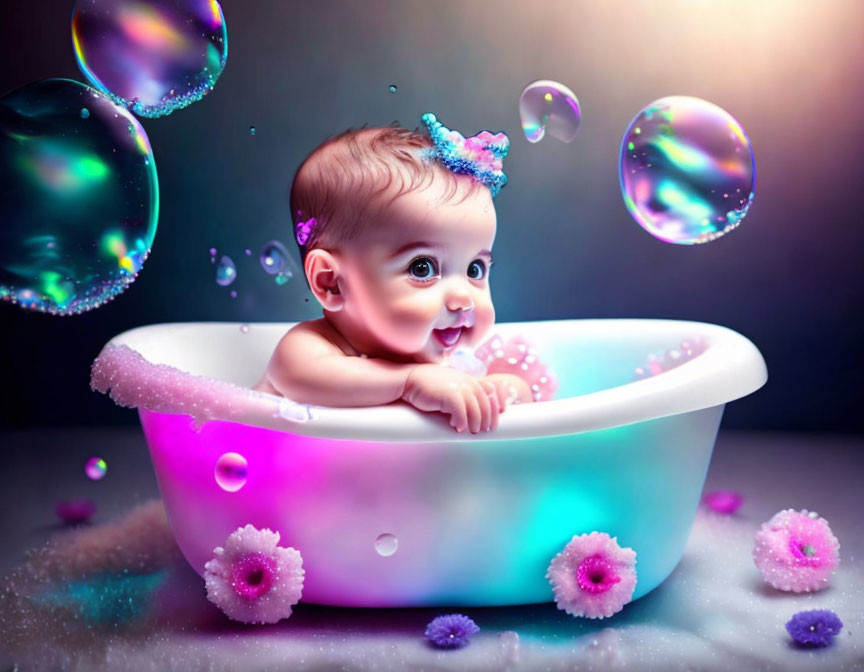 Cheerful baby with bow headband in small bathtub with bubbles and flowers