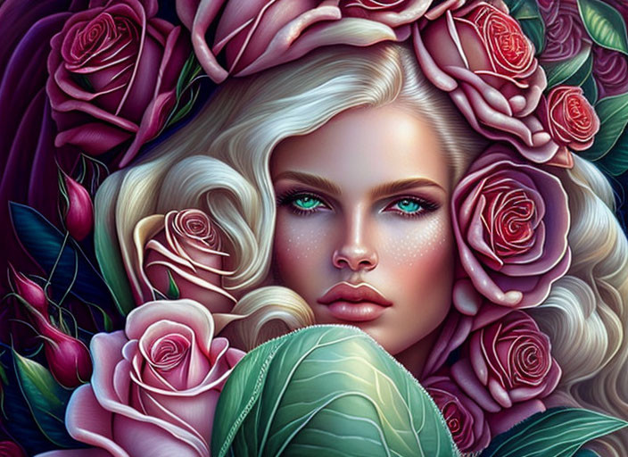 Digital artwork of woman with blue eyes and blonde hair among lush roses and green leaves.