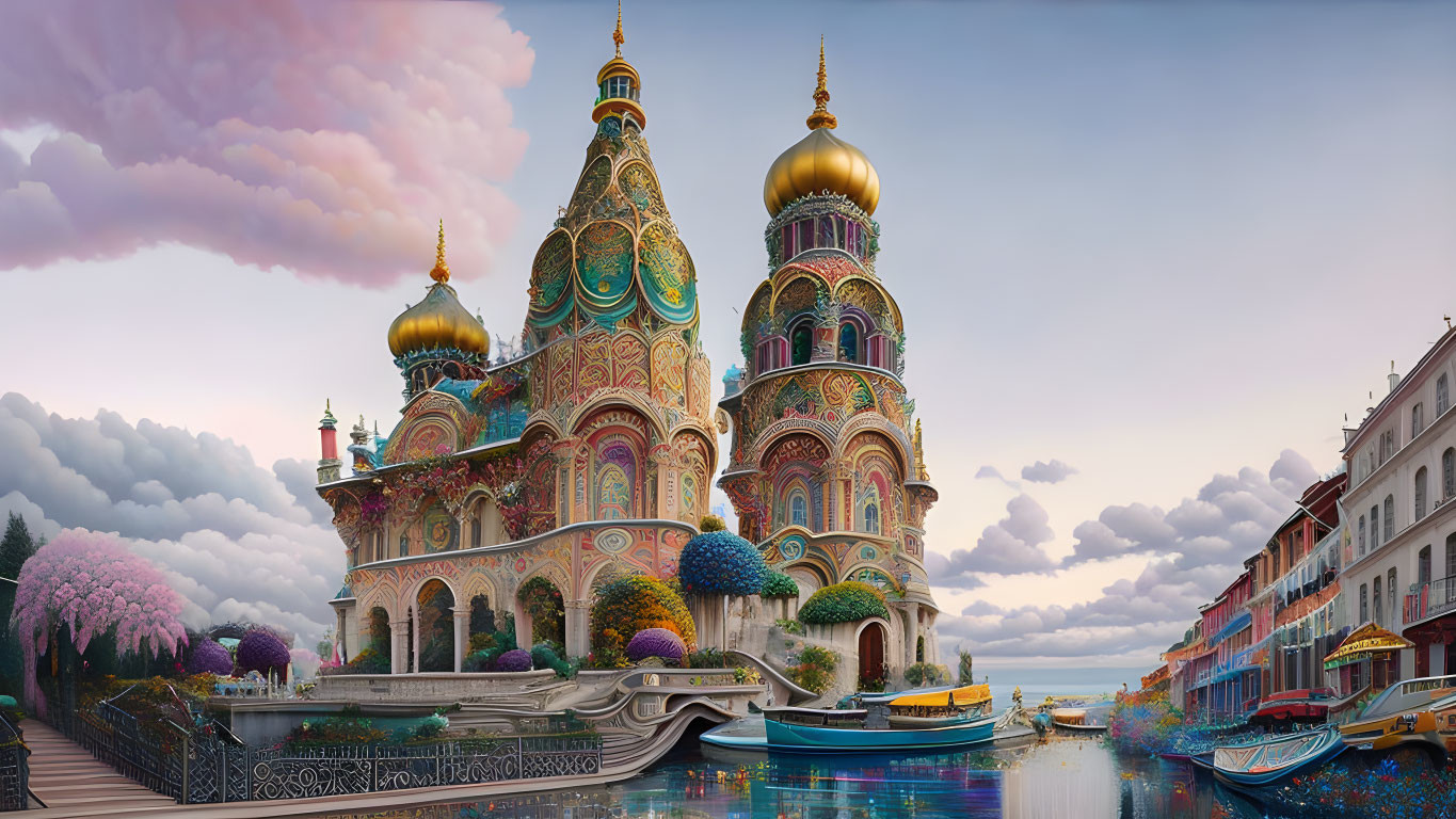 Colorful Onion-Domed Cathedral by Canal and Whimsical Boats