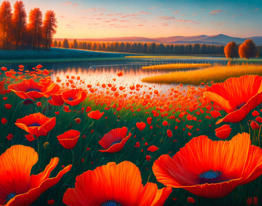 Tranquil landscape with red poppies, lake, and forest at sunset