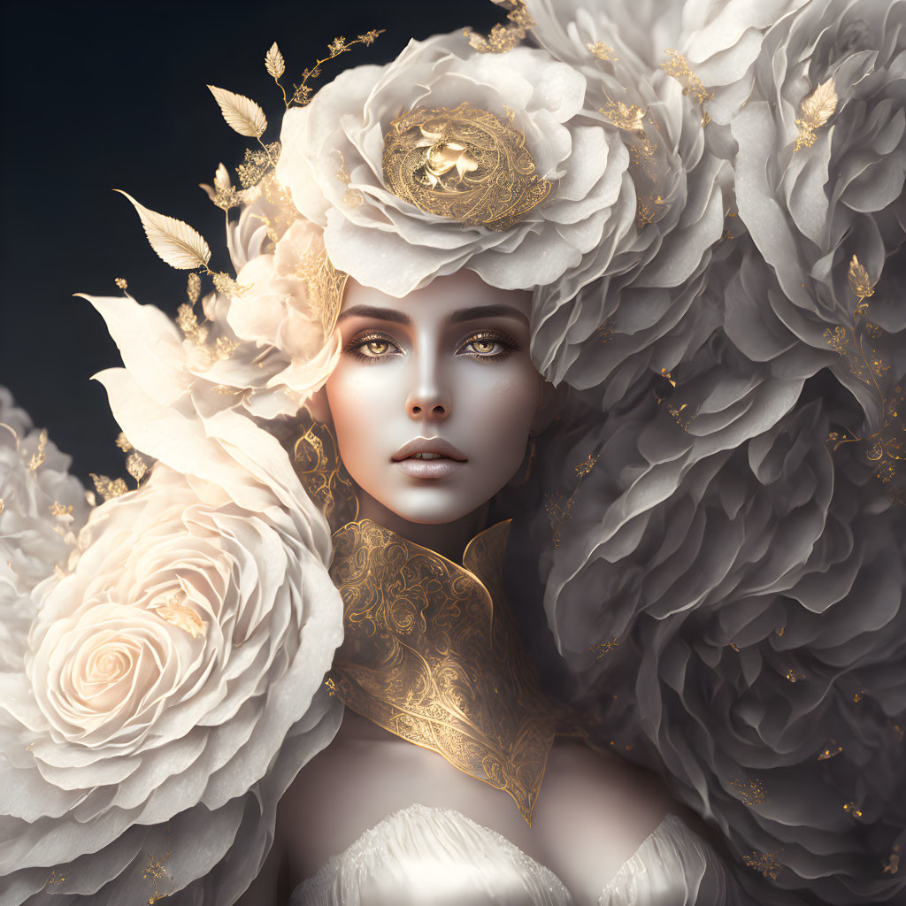 Striking eyes woman with white and gold roses and floral crown