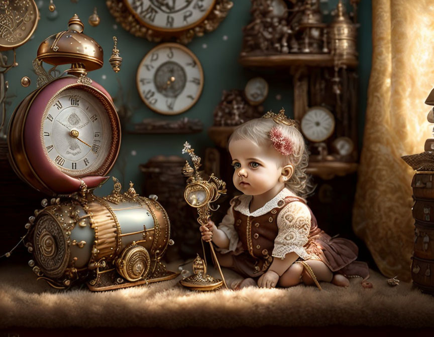 Steampunk-themed baby illustration with ornate gadgets and golden key