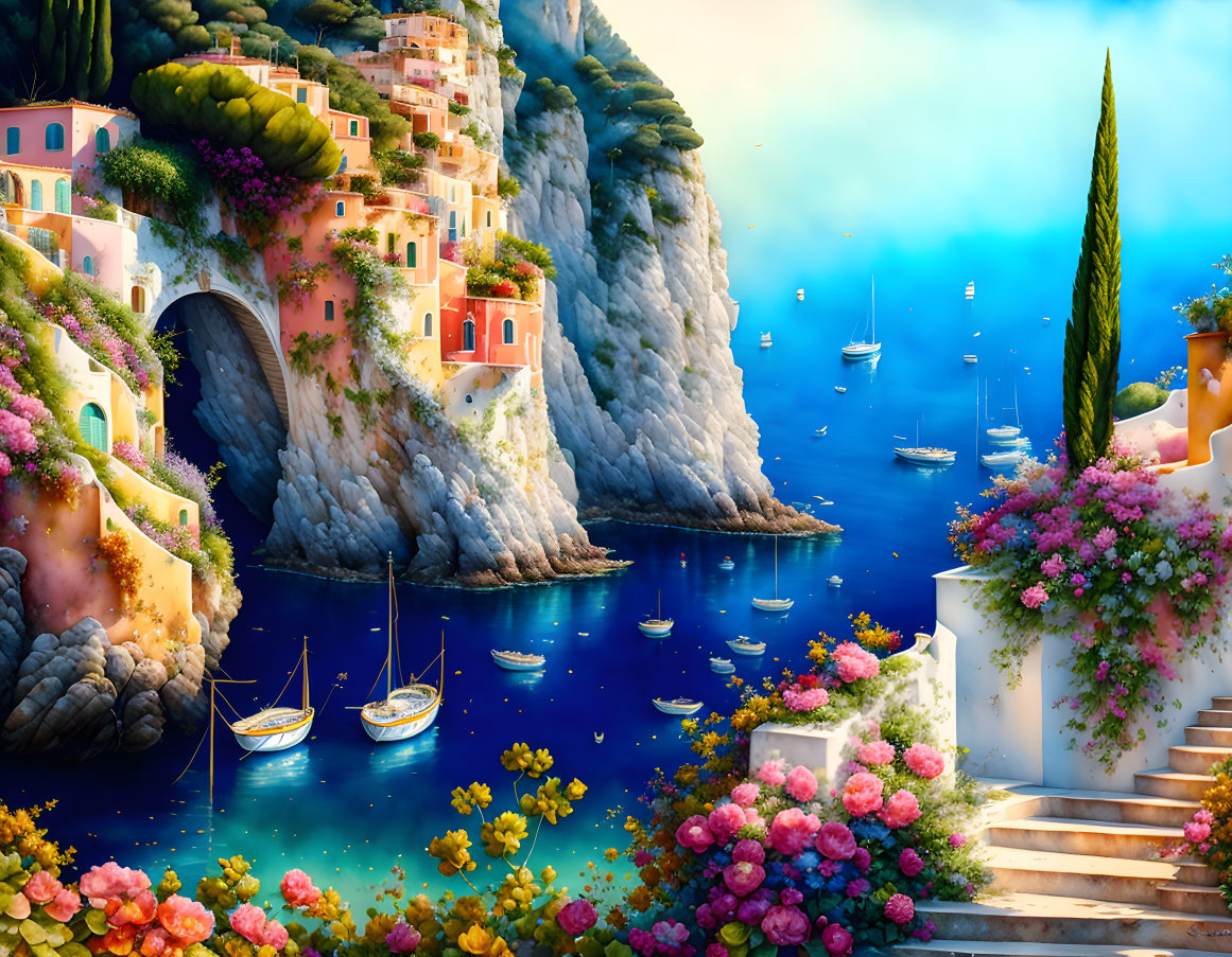 Colorful Coastal Scene: Buildings, Flowers, Boats, Staircase