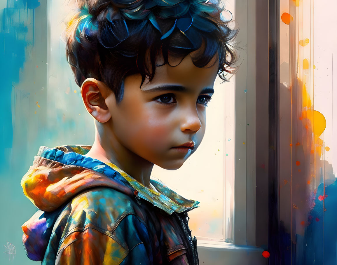 Colorful jacket-wearing boy with curly hair in digital art