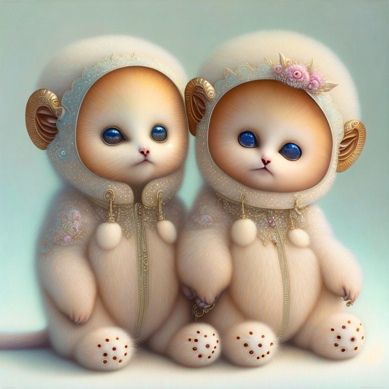 Stylized anthropomorphic kittens in ornate hooded outfits