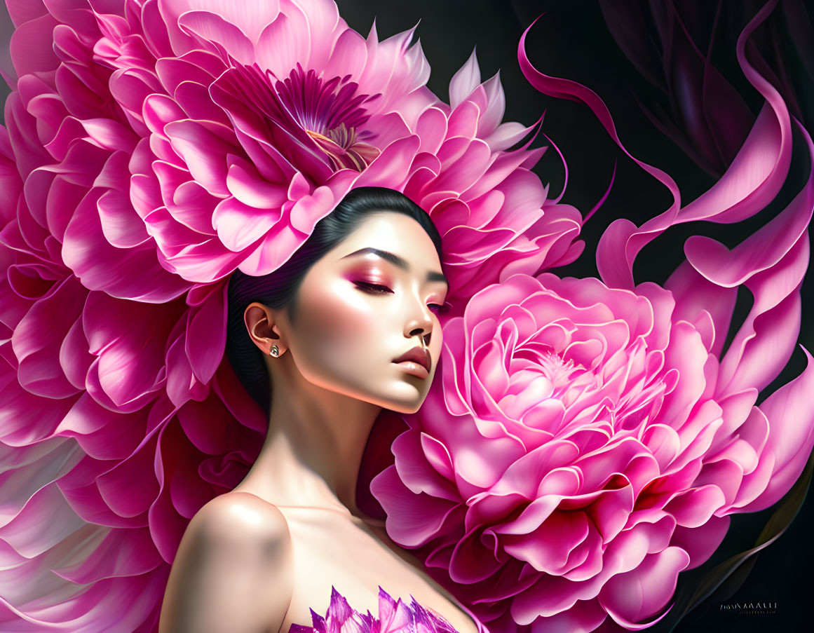 Serene woman portrait with intricate pink flowers