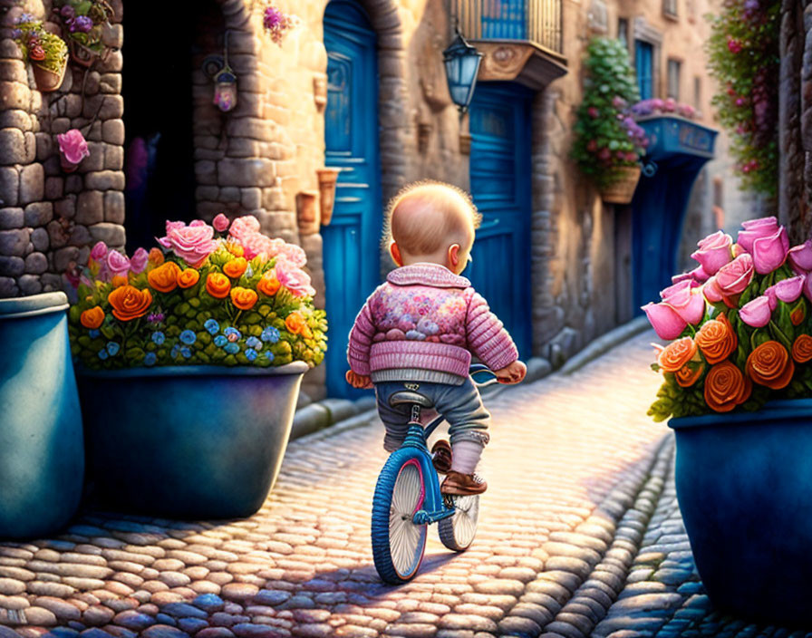 Baby riding tricycle in sunny cobblestone alley