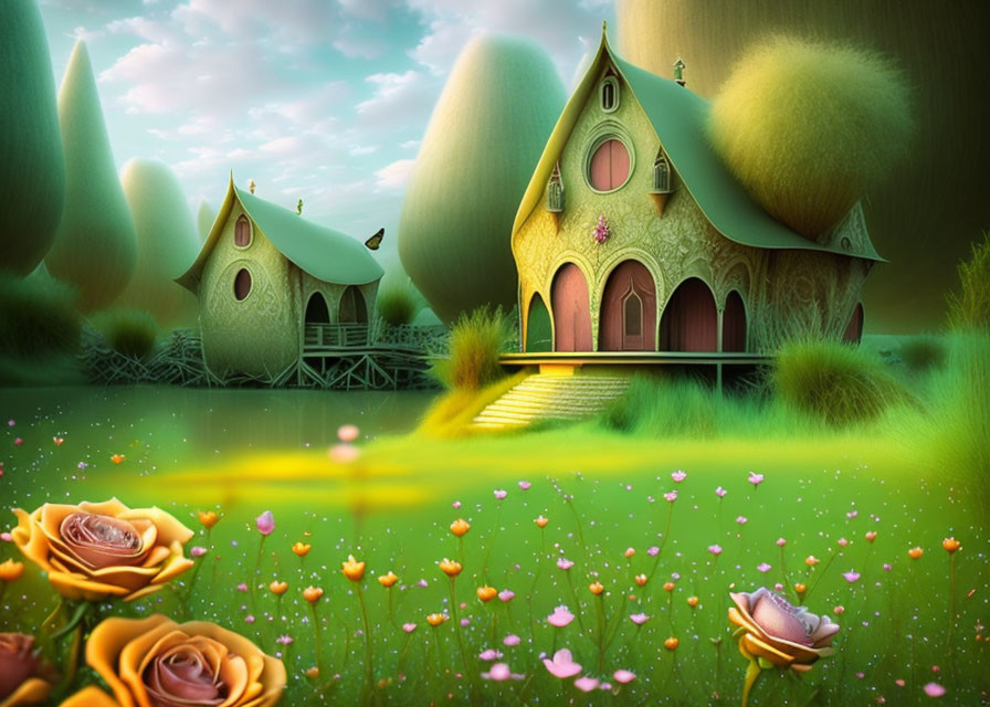 Colorful fairy-tale illustration: charming cottage surrounded by lush greenery and enchanting flowers