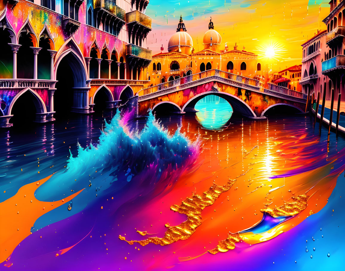 Colorful Venice Artwork: Surreal Wave, Iconic Architecture, Vivid Sunset