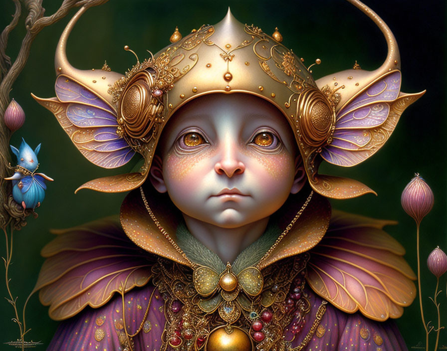 Fantastical portrait of character with large eyes in golden helmet amidst lush flora.