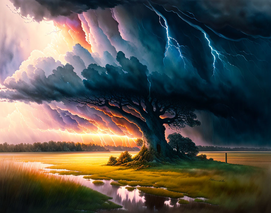 Dramatic thunderstorm painting with lightning above solitary tree by serene river