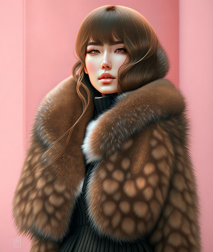 Digital illustration of woman in black turtleneck and fur coat on pink background