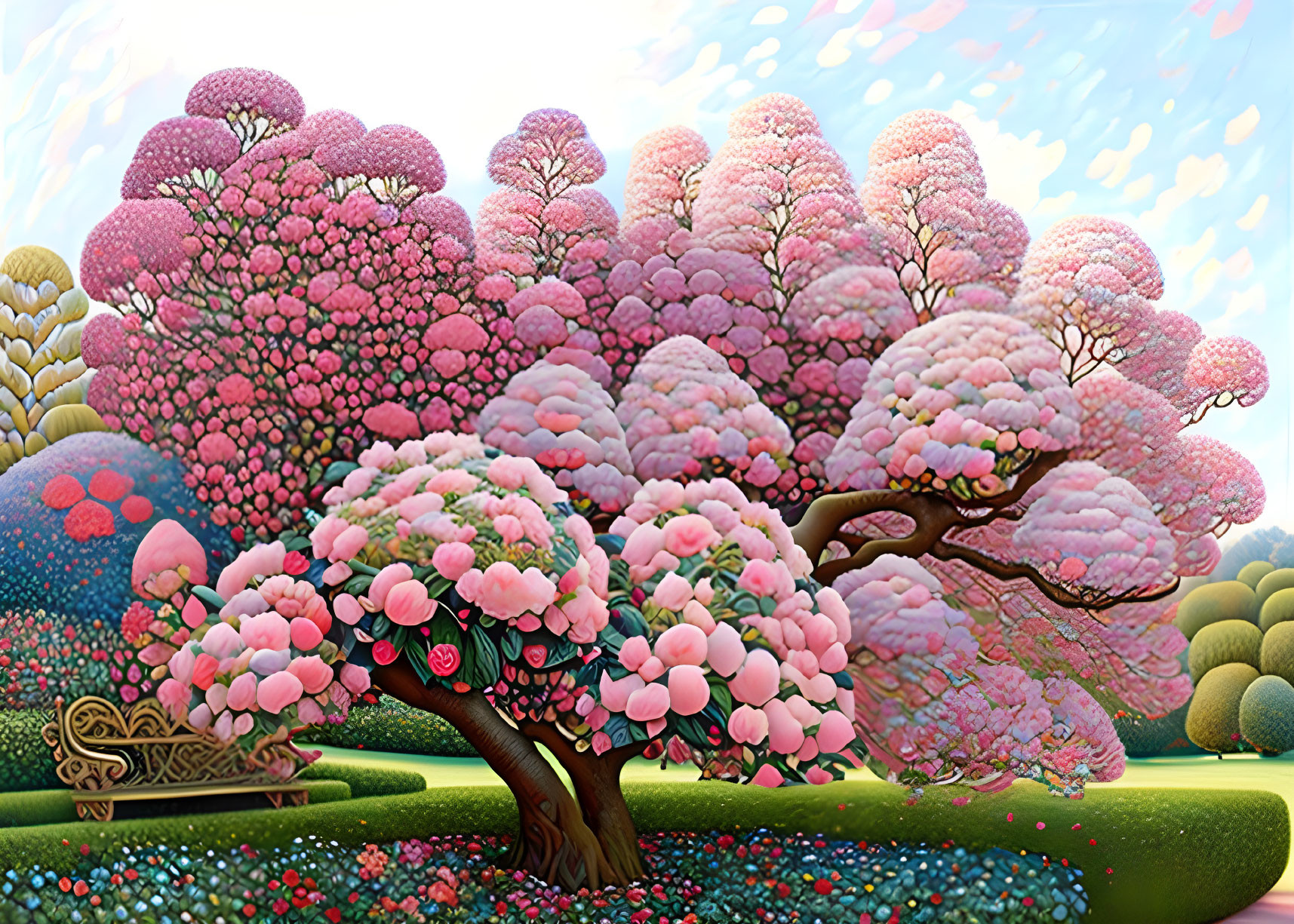 Whimsical pink trees painting with lush foliage and solitary bench