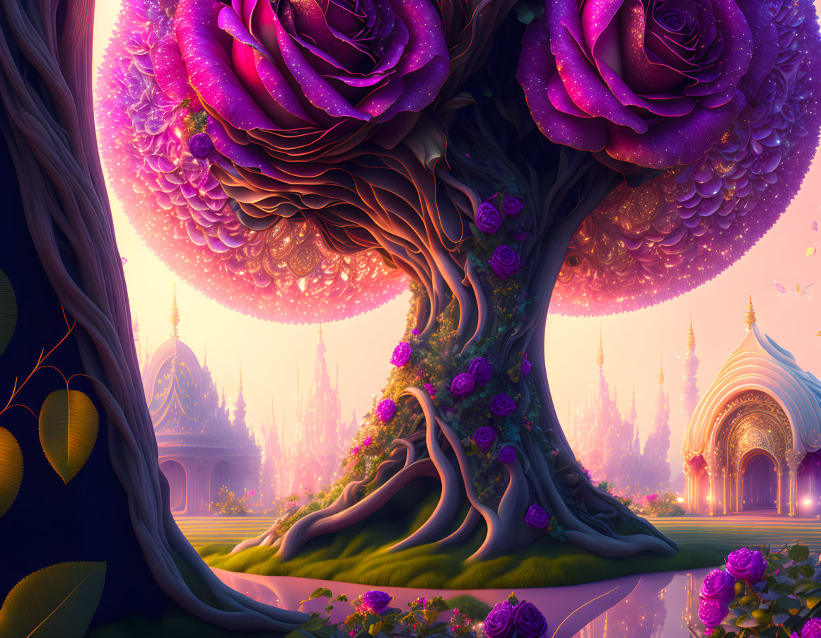 Fantastical scene with large purple roses and mystical trees against ornate spired buildings in a magical