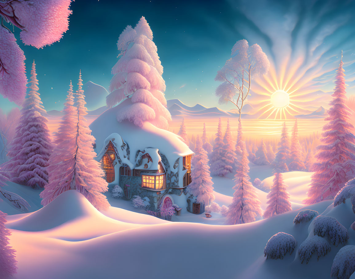 Winter sunset scene: cottage, pine trees, mountains.