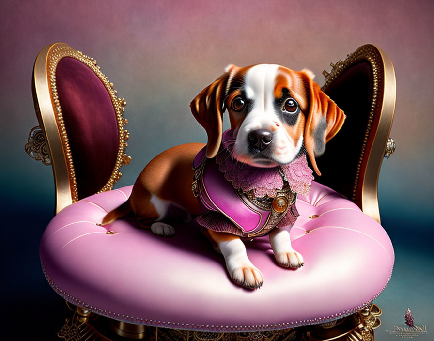 Regal puppy in purple outfit on golden chair against gradient backdrop