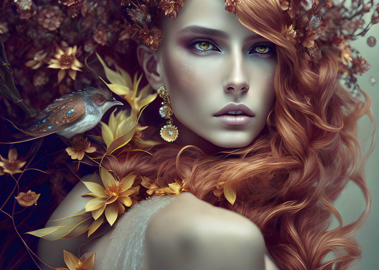 Fantasy portrait of woman with blue eyes, flowers, bird, autumn backdrop